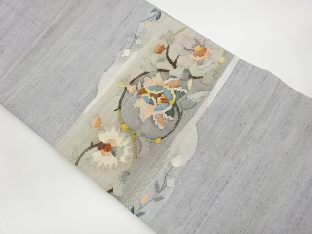 JAPANESE NAGOYA OBI / TSUMUGI / WOVEN STRIPE & ABSTRACT FLOWER ARABESQUE